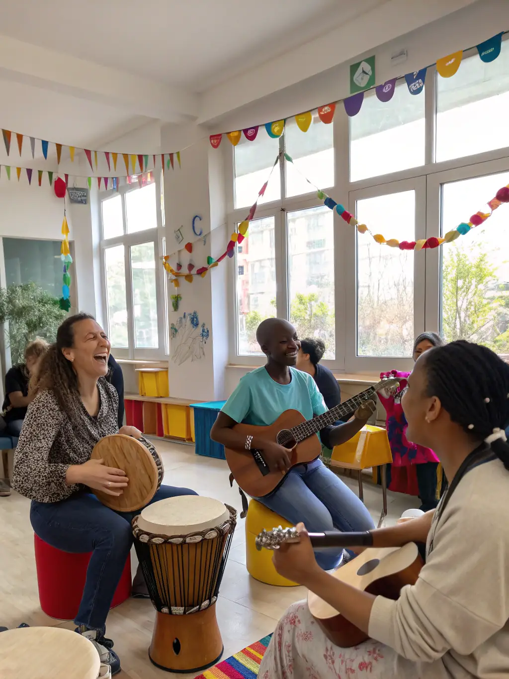 A photograph capturing a group of children with intellectual disabilities engaged in a music therapy session, showcasing their joy and participation.