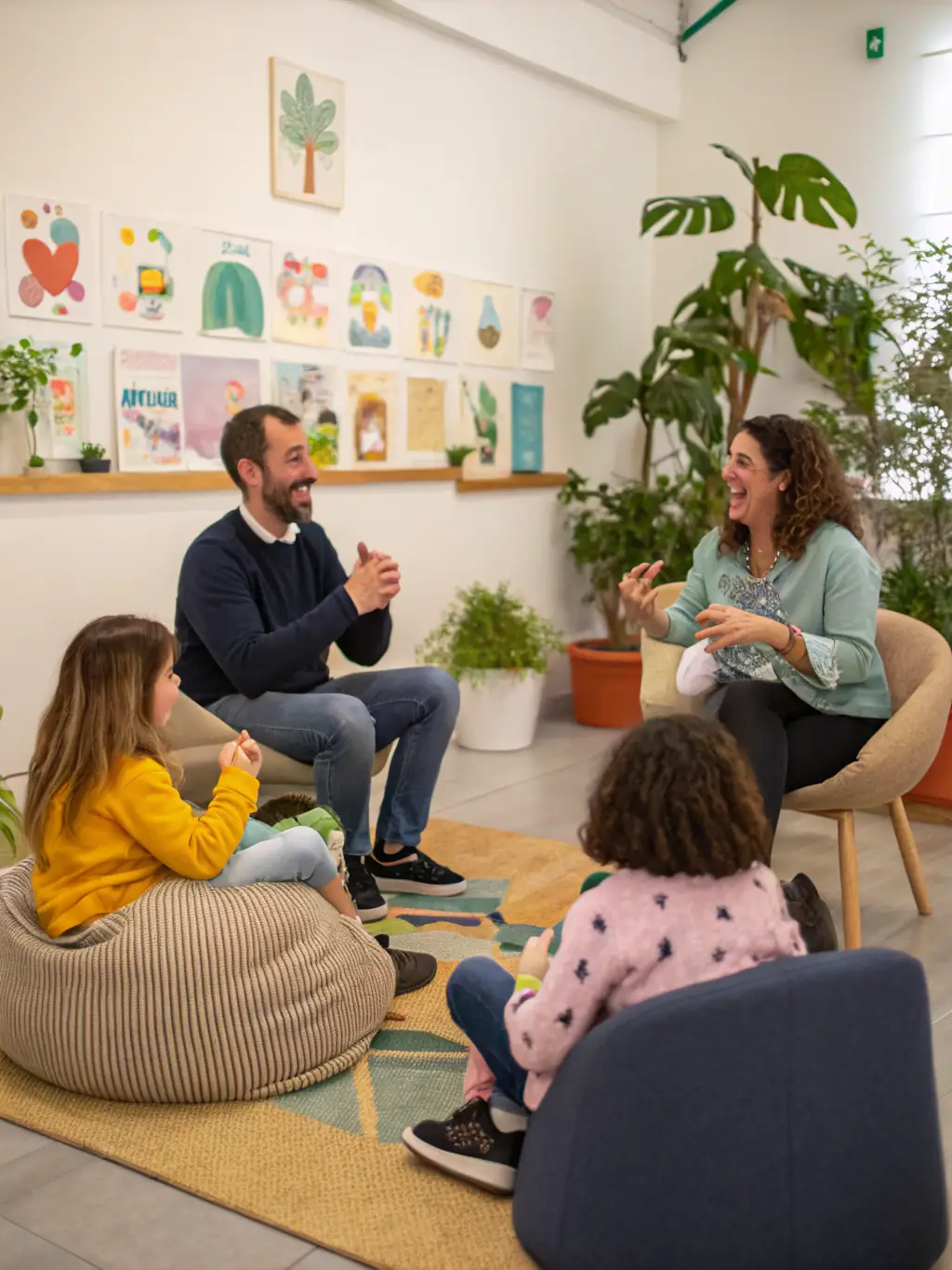 A photo showing a family support group meeting, with parents and caregivers sharing experiences and offering mutual support.