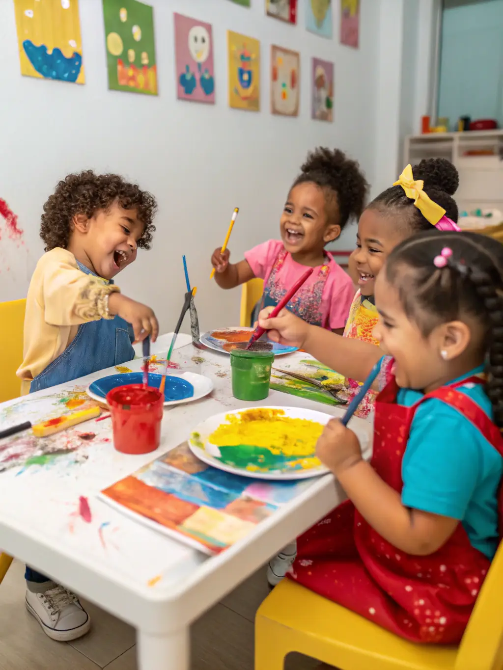 A photograph of a group of children with intellectual disabilities participating in an art therapy session, smiling and engaged, in a bright and colorful room at ADAPEI de la Sarthe.