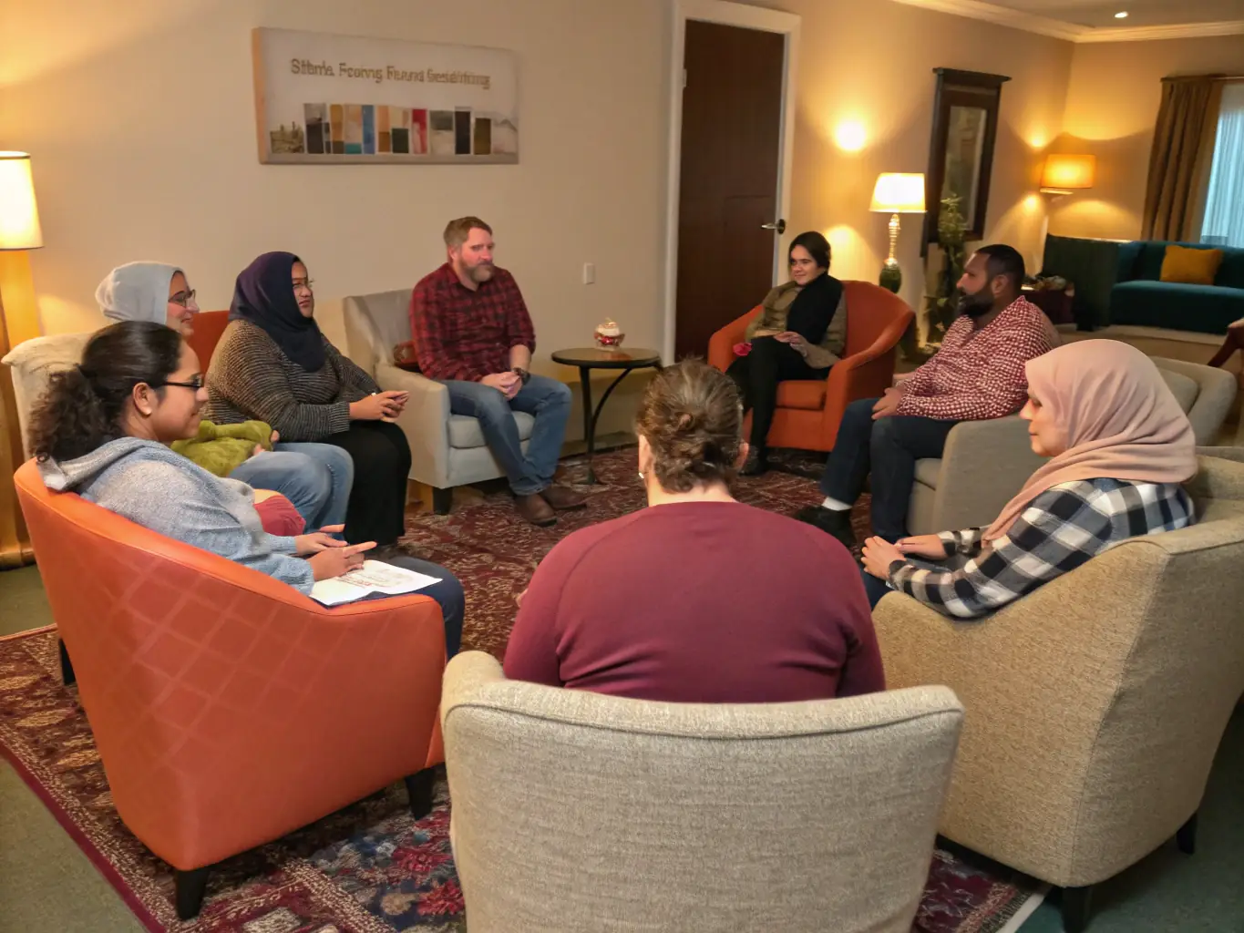 A group of diverse individuals participating in a support group session, sitting in a circle, sharing experiences and offering encouragement, in a brightly lit, comfortable room.