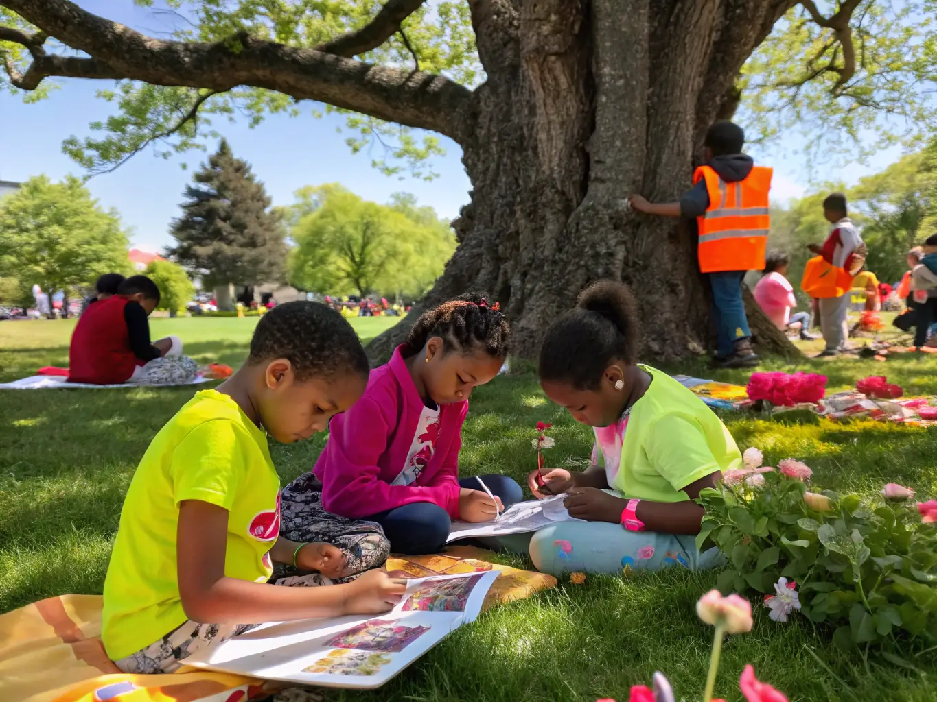 A group of people participating in a recreational activity, such as a sports game or an arts and crafts session, smiling and enjoying themselves in a park.
