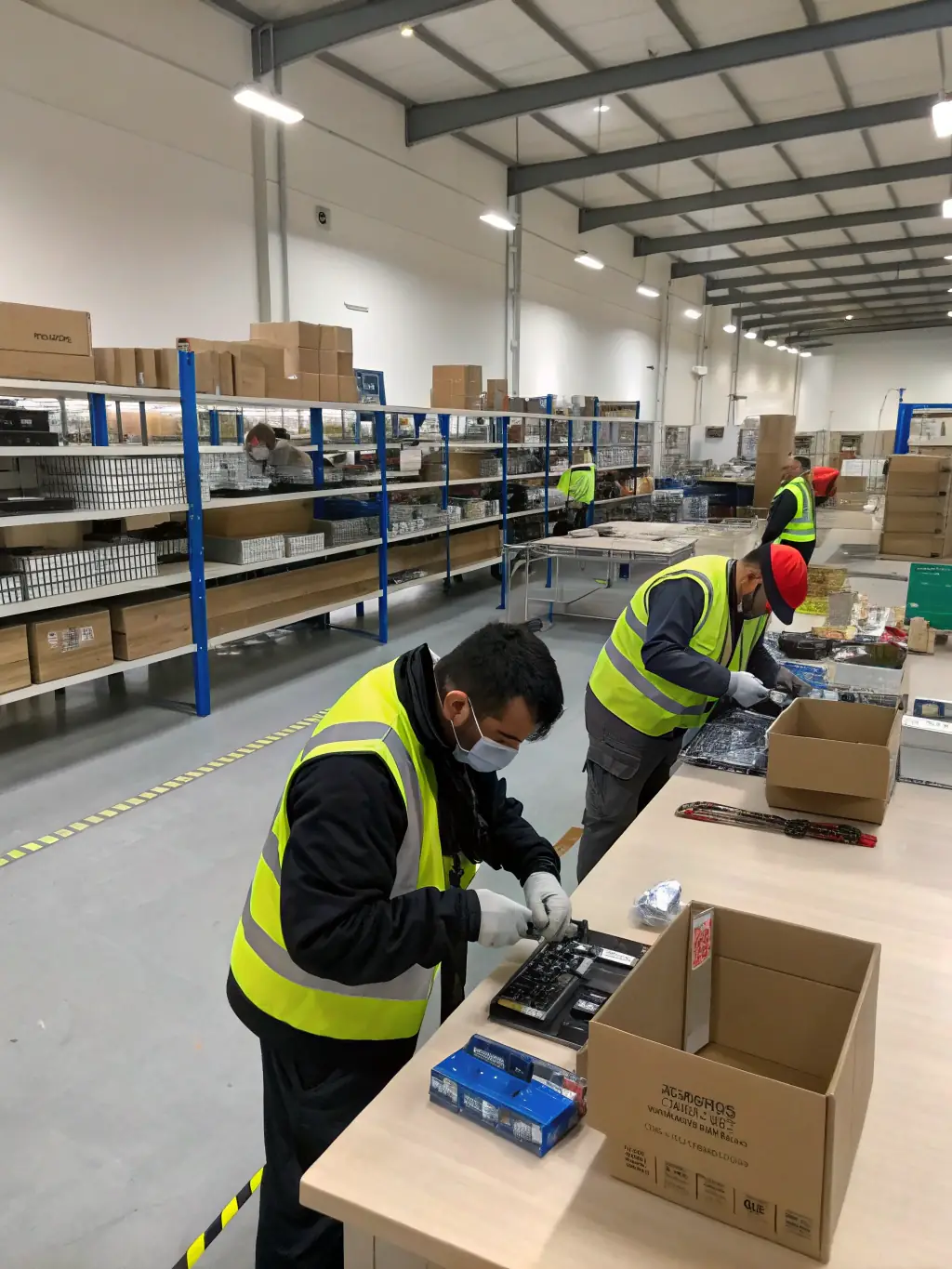A photograph of adults with intellectual disabilities working together in a vocational training workshop, assembling products with focus and determination at ADAPEI de la Sarthe.