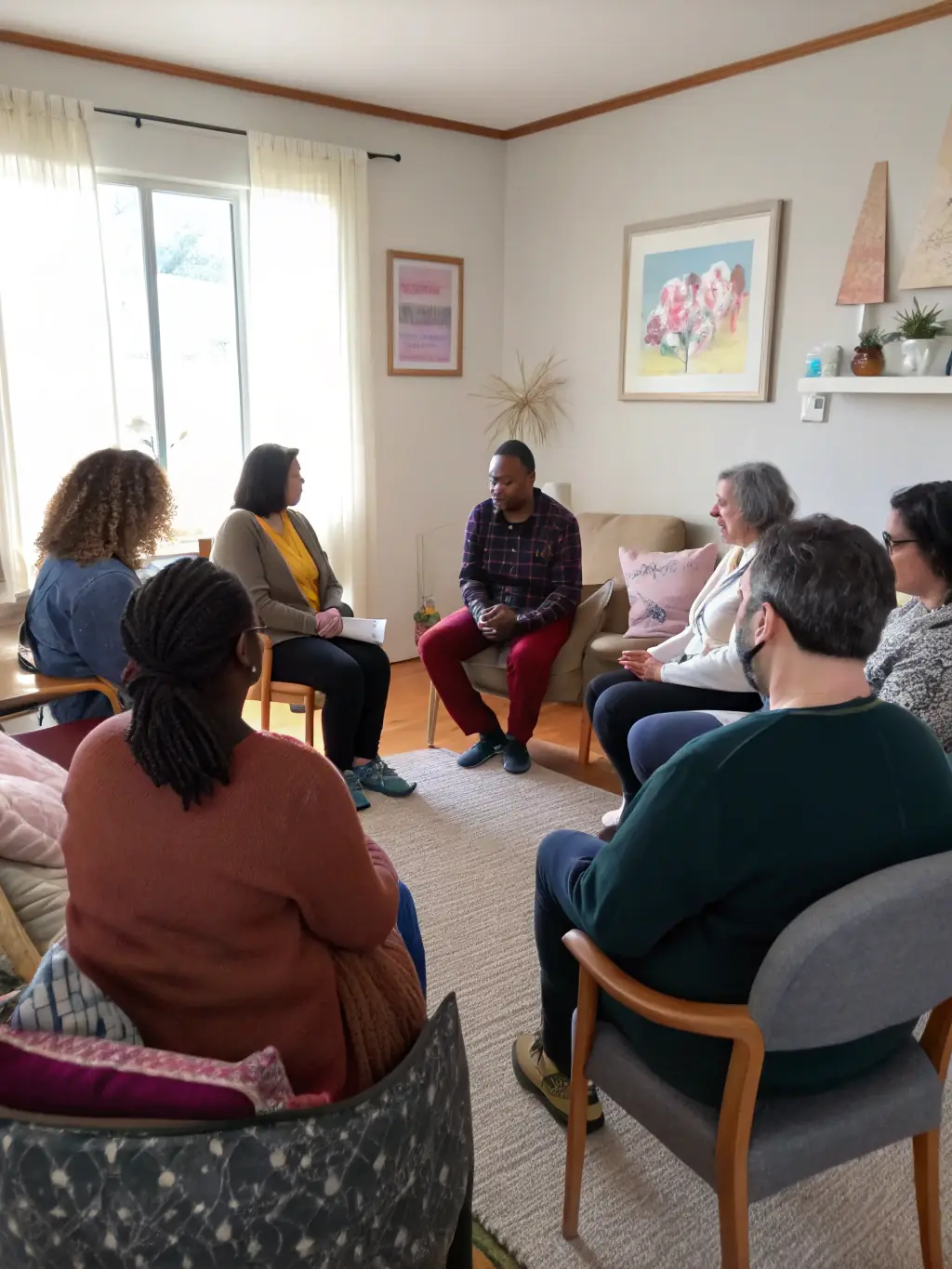 A photograph of a family participating in a support group meeting, sharing experiences and offering encouragement to one another, facilitated by a counselor at ADAPEI de la Sarthe.