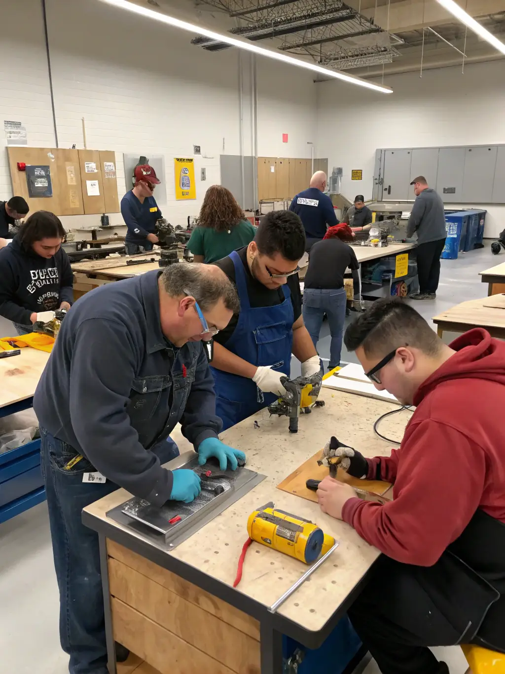 An image depicting adults with intellectual disabilities participating in a vocational training workshop, learning practical skills for employment.